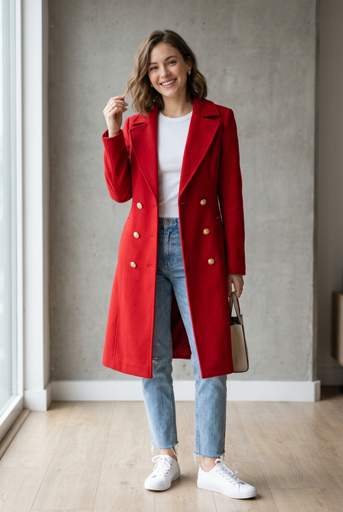 Abrigo rojo con estilo juvenil, camiseta blanca, jeans claros y tenis blancos